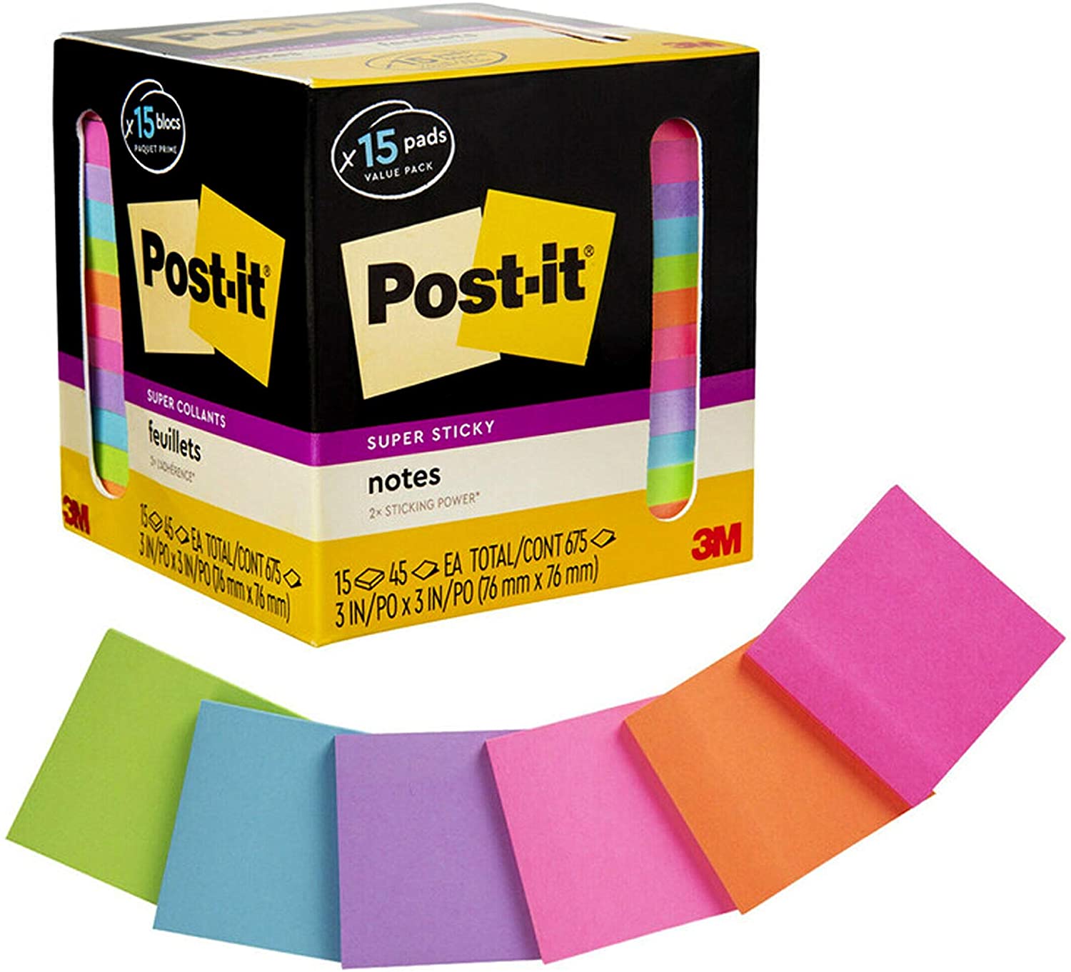  Post-it Super Sticky Notes, Assorted Bright Colors, 3 in x 3 in, 15 Pads/Pack, 45 Sheets/Pad, 2x the Sticking Power, Recyclable (654-15SSCP), Multi-color